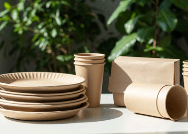 Biodegradable plates and cups on a clean background